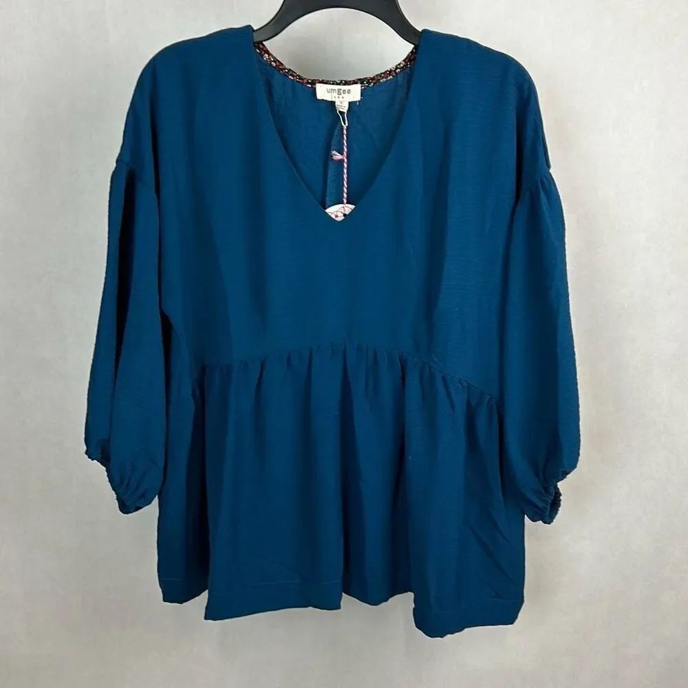 NEW Umgee V-Neck Babydoll Top Sz Small Teal Blue Turquoise 3/4 Balloon Sleeve